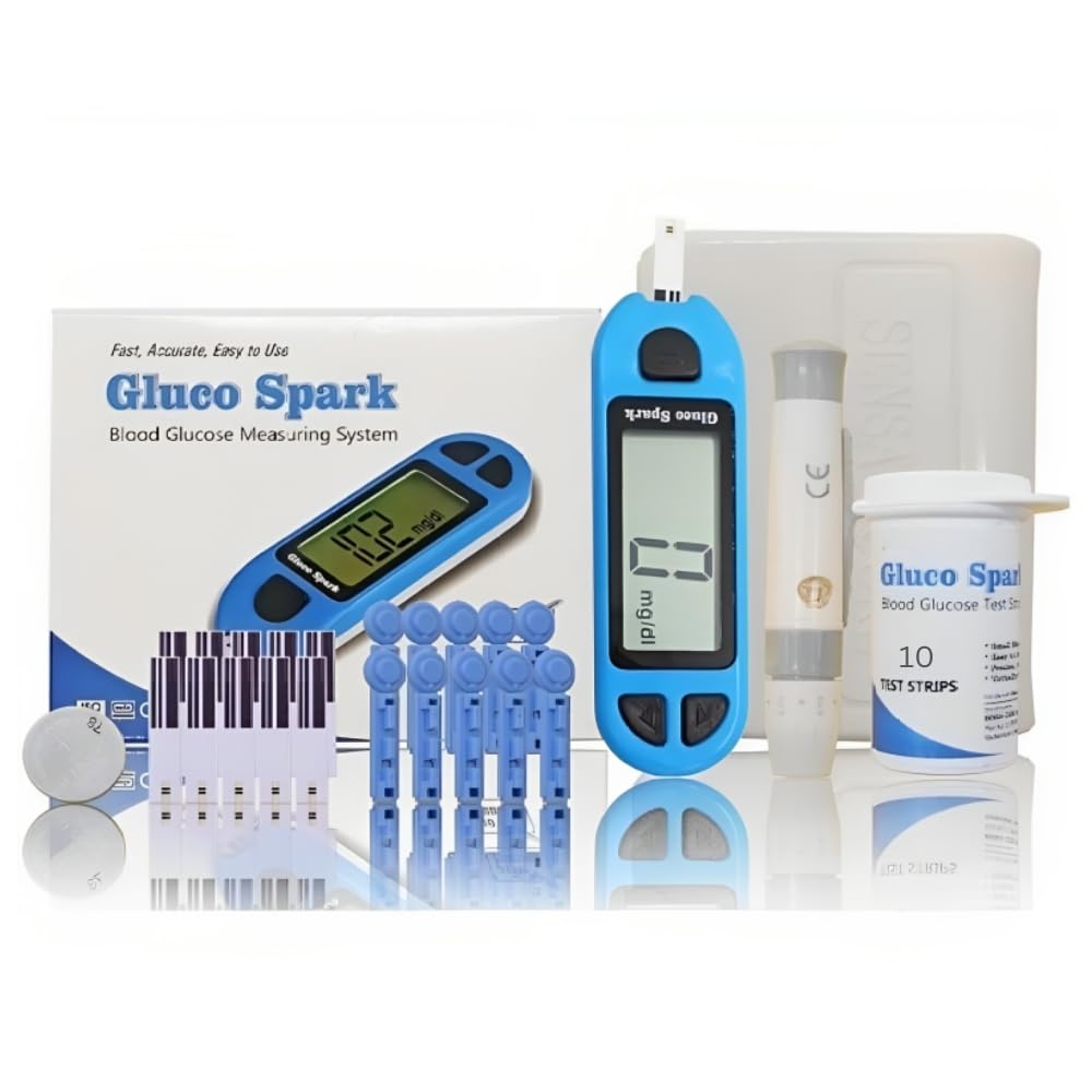 glucospark digital glucometer kit with 10 strips and 10 lancets | blood glucose monitor and accurate blood sugar test machine for home (b-arm)