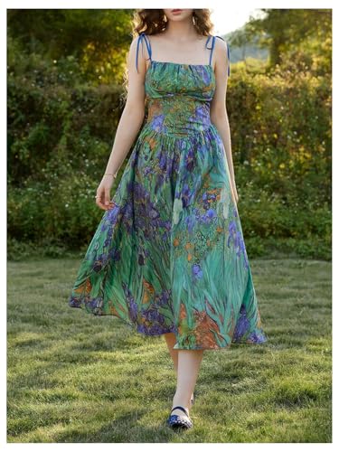 Image of SHENHE Women's Floral Bustier Corset Dress Tie Shoulder Smocked Flowy Boho Long Dress Sundress