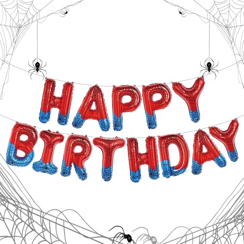Image of Spider Theme Happy Birthday Letter Balloons Banner, Red and Blue, Party Decoration