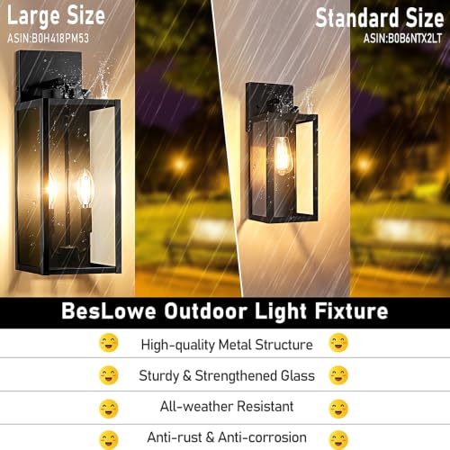 Image of BesLowe 18 inch Large Outdoor Wall Light, 2-Light Exterior Porch Sconce, Black | Waterproof, Rust-Resistant, Durable Metal with Clear Glass, Standard E12 Socket, Easy to Install