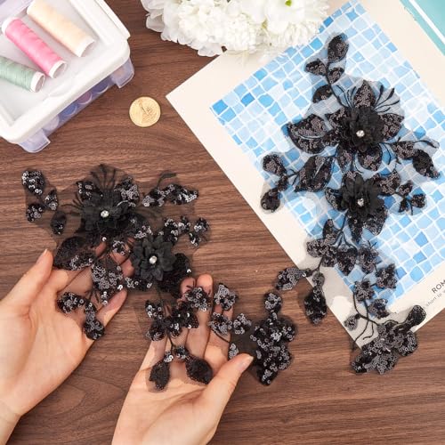 GORGECRAFT 2Pcs 3D Flowers Embroidered Lace Applique Sew on Trim Patches Glitter Sequins Beaded Floral Collar Fabric Craft Decoration Patch for Sewing Wedding Clothes Dress Pants Jeans Bag Black - Image 3