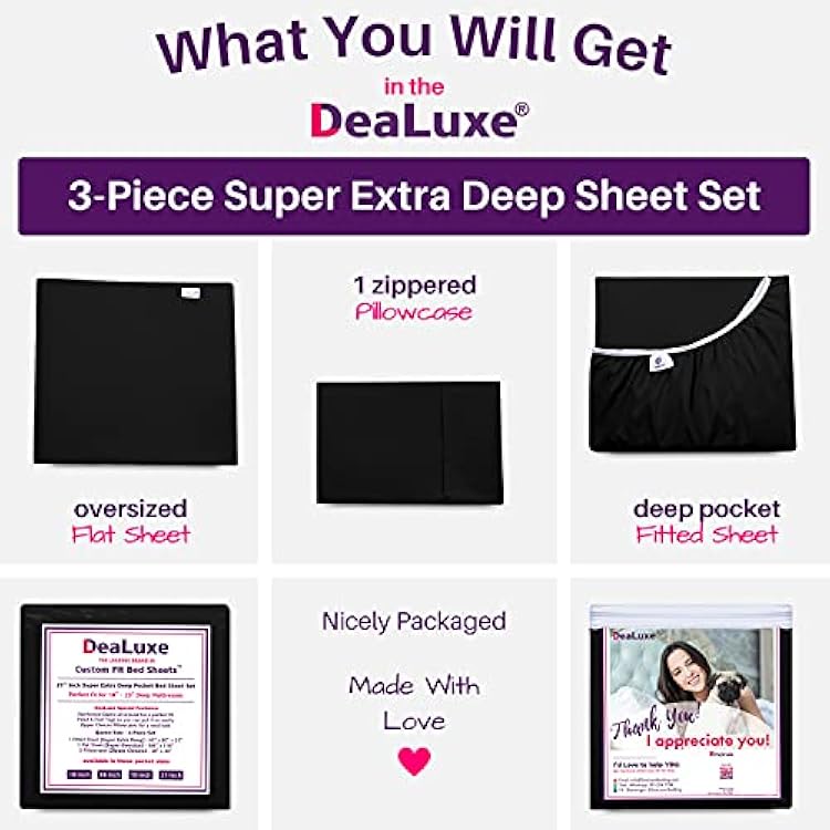 Kids Black Oversize Flat Sheet & 16 Deep Pockets Fitted Sheet - Twin Size Sheet Set - Pillowcase with Zipper Closure - Twin Sheets Sets for Girls/Boys