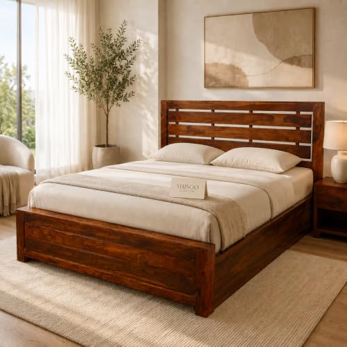 Image of SHISSO Furniture Solid Sheesham Wood Queen Size Bed with Storage|Wooden Box Bed Queen Size Double Cot Bed Palang with Storage Box for Home,Bedroom,Living Room,Hotel,Resort|Fanti Design,Natural Brown