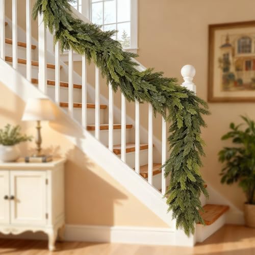 Christmas Garland with Lights 2 Pack, 15FT Lighted Garland for Mantle, Artificial Christmas Garland for Stairs Railing, Front Door & Wall, Plug-in Xmas Decor