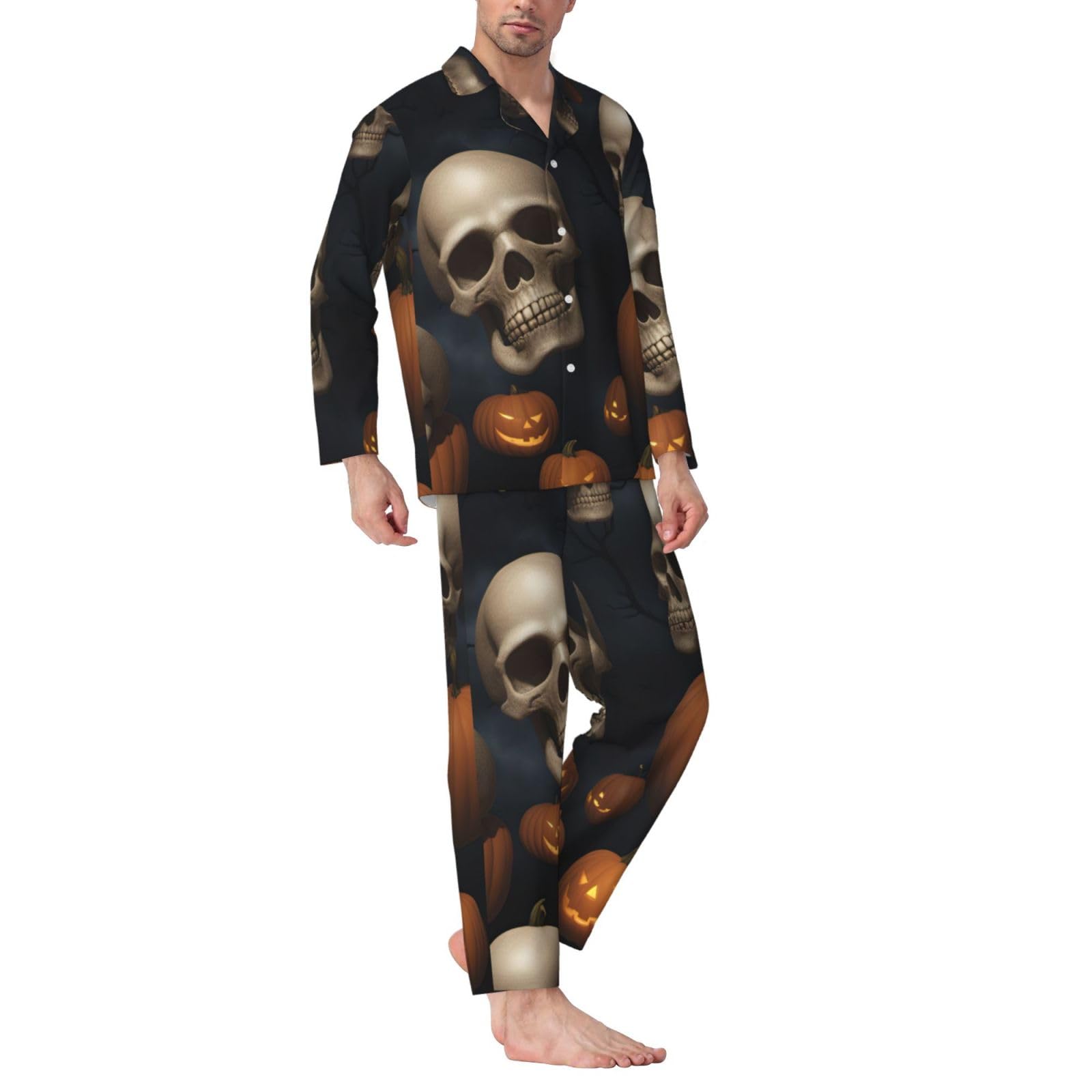 Langärmeliges Pyjama-Set für Herren, Halloween, Totenkopf-Aufdruck, zweiteilig, Hauskleidung, bequeme Nachtwäsche