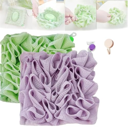 2 in 1 Loofah Sponge Washcloth for Bar Soap, Soap Pouch with Drawstring, Exfoliating Mesh Shower Scrubber Glove for Body Wash(2p
