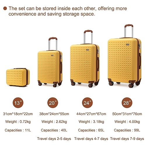 Kono Grande Valise 76cm Valise Soute En Abs Valise Rigide 4 Roulettes Valise De Voyage Avec Serrure Tsa Jaune