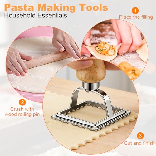 11 Pieces Ravioli Mold Set, Easy-to-Use Ravioli Maker Press with Ravioli Cutter Wheel, Pasta Cutter & Ravioli Making Kit, Wooden Pasta RollerPasta Making Tools for home,pasta lover