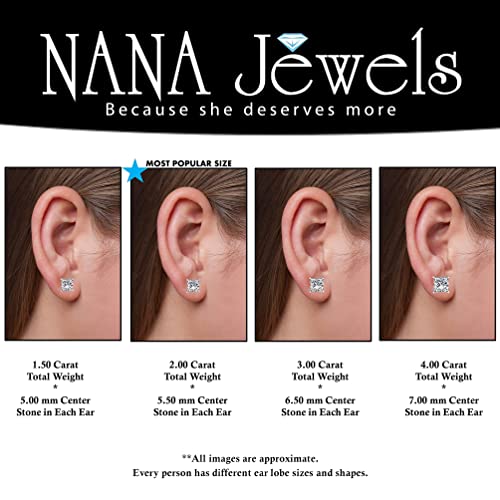 NANA Jewels Princess Cut Simulated Diamond Stud Earrings Silver & CZ 1.50ct - 4.00ct Hypoallergenic3