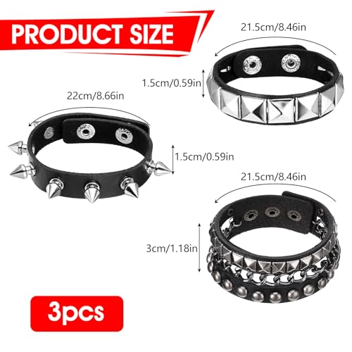 Punk Studded Bracelet 4 Pcs Black Leather Spiked Bracelet Cuff Punk Rock Rivet Cuff Emo Bracelets Wrap Bangle Snap Button Metal Wristband Emo Accessories for Men Women (Gothic Style)2