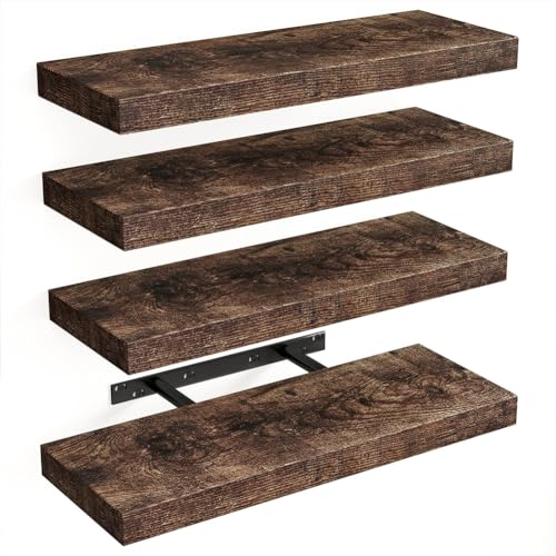 BAKAJI Set 4 Mensole da Parete in Legno Massiccio, Scaffali a Muro Multiuso con Staffe a Scomparsa in Metallo, Scaffalatura per Camera da Letto, Soggiorno, Cucina, Bagno, 40 x 14 x 3 cm (Quercia)