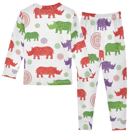 Pajama Sets Long Sleeve Colorful Rhinos with Patterns Soft Comfy Sleepwear 2 Piece PJS 3-8T3