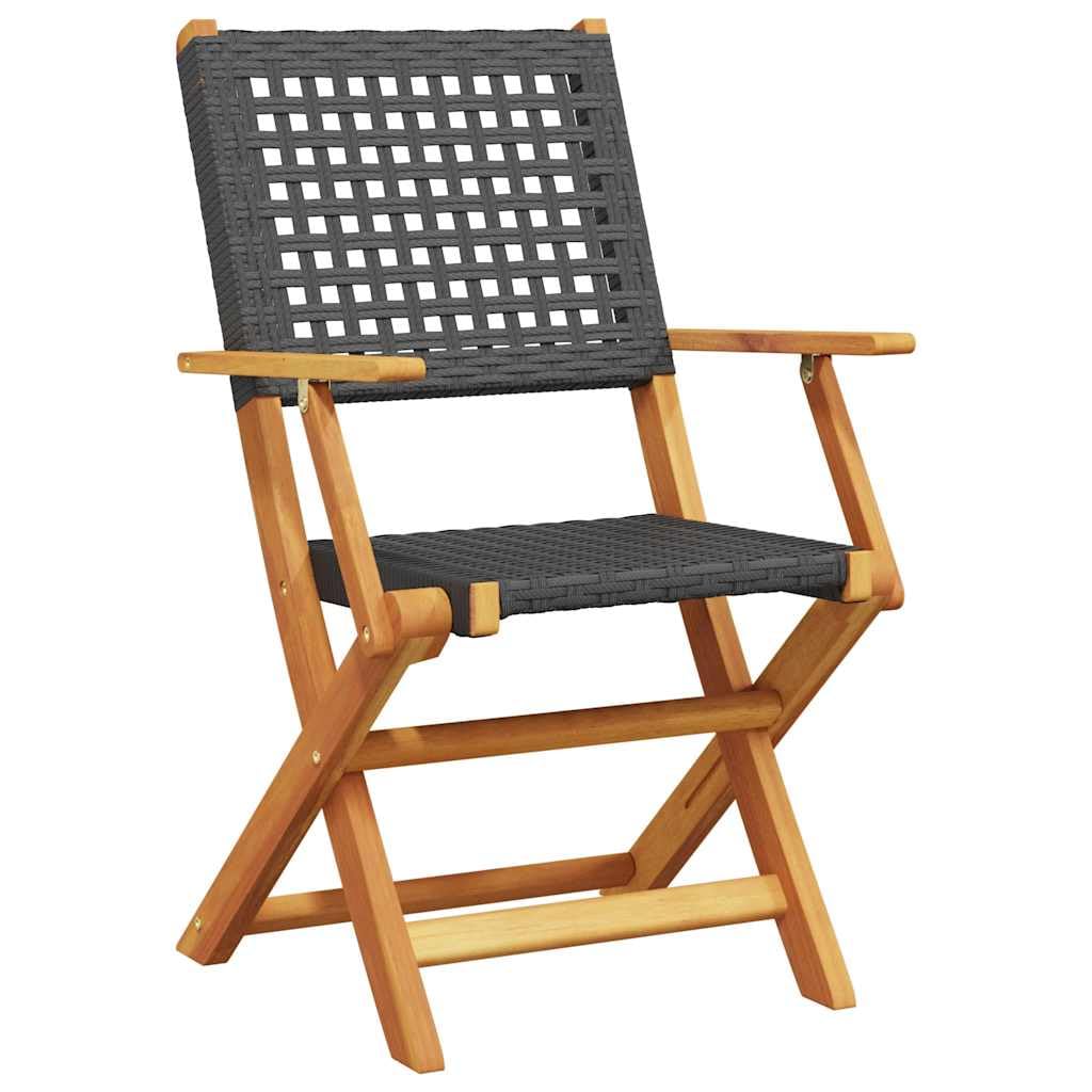 Set da bistrò da giardino, 3 pezzi, nero, in polyrattan e legno massello di acacia, tavolo da giardino pieghevole con 2 sedie, per balcone, terrazza, cortile