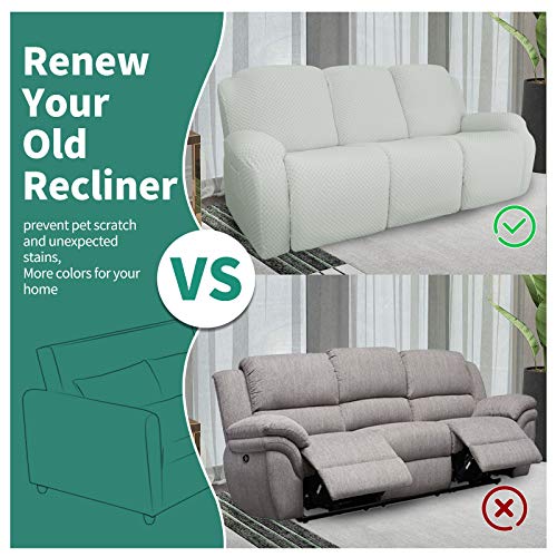 Image of YEMYHOM 8 Pieces Stretch Recliner Sofa Cover Jacquard Reclining Couch Cover with Side Pocket Anti-Slip Fitted 3 Cushion Furniture Slipcovers with Elastic Bottom (Sofa Recliner, Ivory)