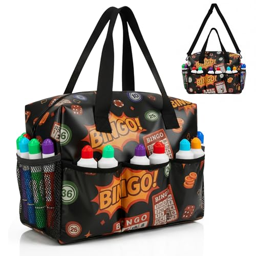 CVVD Bingo Bag with Pockets for Bingo Daubers Dabbers Dobbers Dotters Water Resistant Bingo Game Accessories for Adults and Seniors Portable Storage for Casino Bingo Supplies (PU Black)