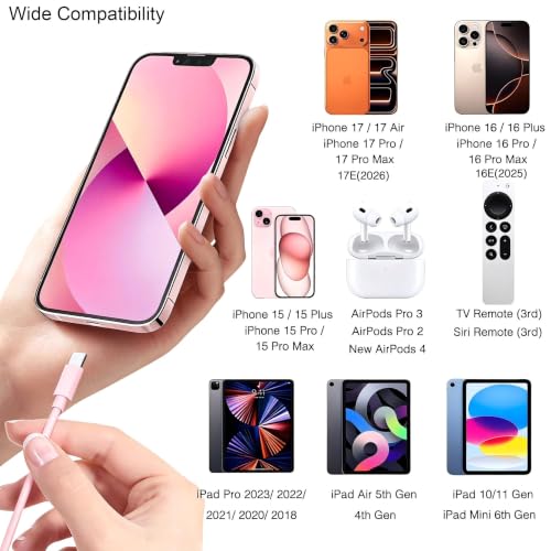 Image of 3.3FT Pink Cute iPhone 17 /16 /15 Car Carplay Cable, USB A to USB C Cord | for iPhone 17 /16 /15 Pro Max,17E /16E /Plus, USB A to USB C Cable for iPad 10th /11 Gen,iPad Pro 12.9,Air 5th /4th Charging Cord
