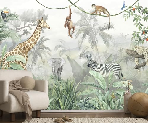 Image of Toolhom Nursery Safari Wallpaper Kids Tropical Jungle Banana Leaf Wall Mural Animals Wall Decor for Boys Room Girls Room Bedroom Living Room(Not Self-Adhesive)