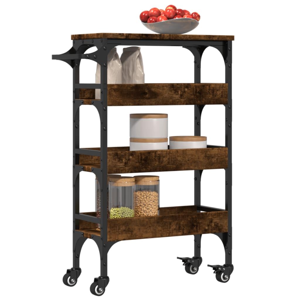 Carro de cocina de roble ahumado, 53 x 20 x 76 cm, carrito de servicio estrecho con ruedas de madera y acero, carrito vintage para cocina, baño y salón, carrito auxiliar con toallero