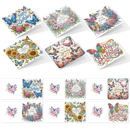 Image of 6 Pack Diamond Art Greeting Cards with Envelopes, DIY 5D Diamond Painting Birthday Card Kit with Butterflies and Flowers, 30x15cm Handmade Special Shaped Rhinestone Craft for Holiday and Birthday