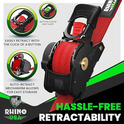 Image of Rhino USA Retractable Ratchet Straps (2-Pack) - 1 Inch x 10 Feet (1,209lb Break Strength) - Auto Self Retracting Tie Down Straps for Truck, Cargo Trailer, Motorcycle, ATV, UTV - Red