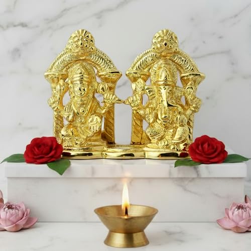 Image of 24K Gold Plated Brass Laxmi Ganesh Idol, Handicraft God Statue for Home Temple Office & Pooja, Murti for Mandir & Decor Diwali Gift, Wedding Anniversary & Corporate Gift, Housewarming- 3 inch, 400gm