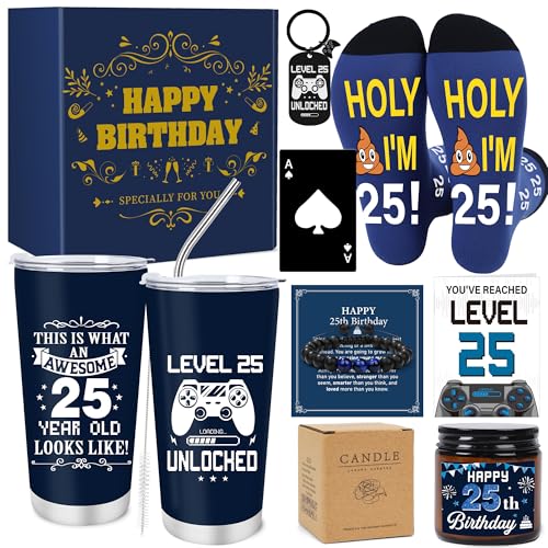 Keluna 25st Birthday Gifts for Men - 25 Year Old Birthday Gifts Set with 20 Oz Tumbler, Bottle Opener, Bracelet, Socks, Keychain, Card for Son, Nephew, Grandson, Brother, Boyfriend Christmas