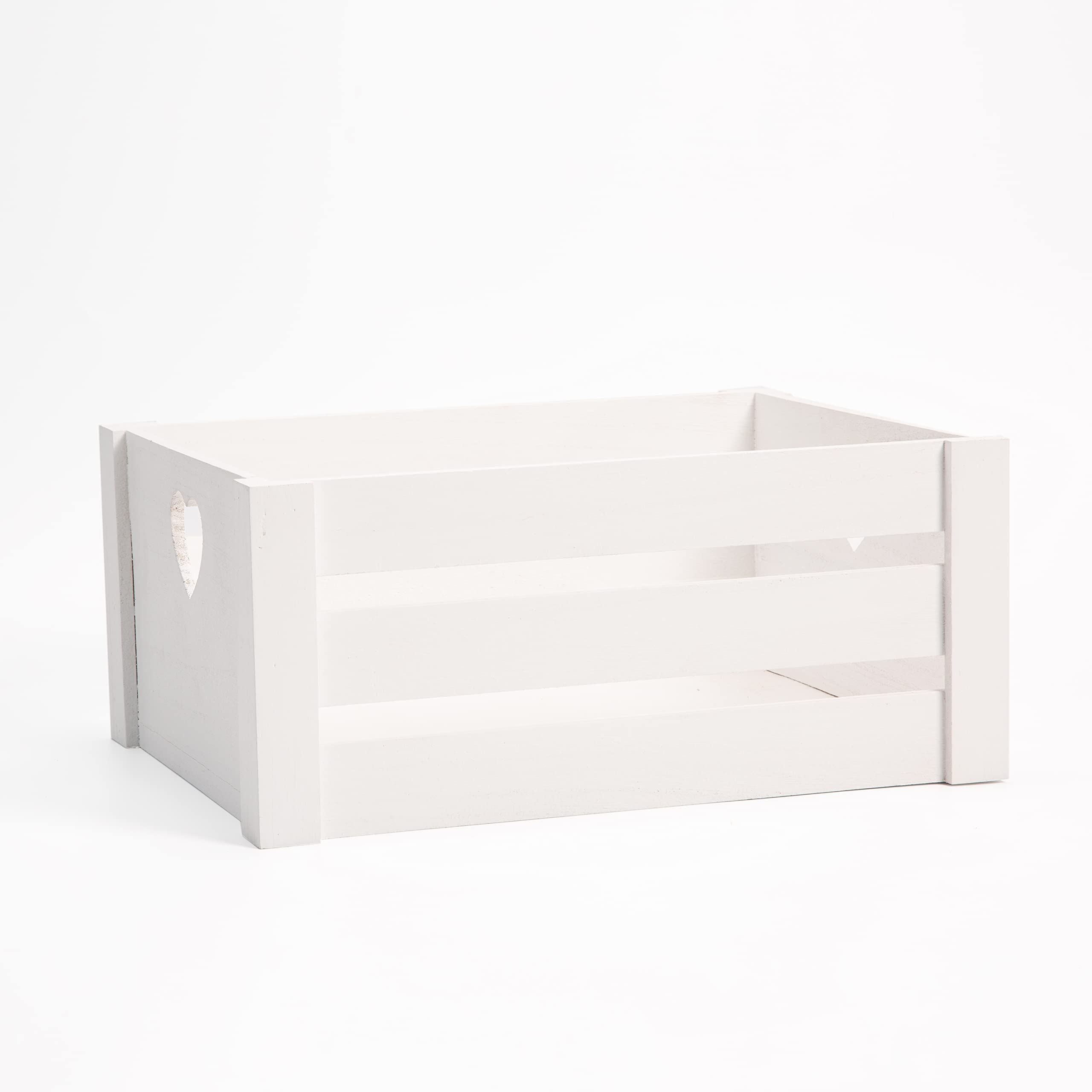 WickerfieldLovely White Wooden Crates With Heart-Shaped Handles for Storage and Collection as Gift Hamper Box and Window Dispaly Tray at Home and Office Reusable Washable Rectangular (Medium) Medium