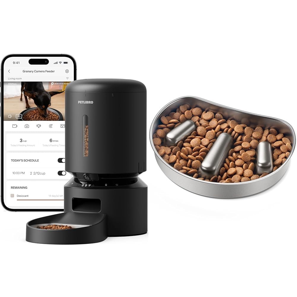 Bundle of PETLIBRO Automatic Cat Feeder with Camera, 1080P HD Video with Night Vision + PETLIBRO Slow Feeder Bowl for Small Dogs & Cats, 1.125 Cup— Anti-Gulp Stainless Steel Dog & Cat Bowl