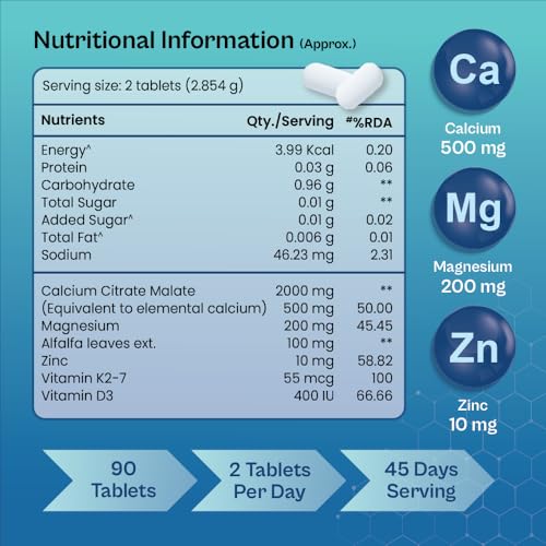 Image of TATA 1mg Calcium & Vitamin D3 supplement with Zinc, Magnesium & Alfalfa | High absorption Citrate Malate form | 500mg Calcium & 400iu Vitamin D3 | For strong bones & joints | 90 tablets