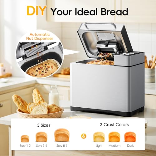Image of Manastin 19-in-1 Bread Maker, 2LB Bread Machine with Fruit and Nut Dispenser, Stainless Steel Housing, Nonstick Baking Pan, 2 Pound Bread Maker Machine, Ideal Kitchen Gift for Home Bakers