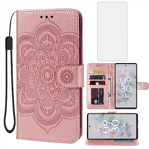 Étui portefeuille Pixel 6A en cuir or rose aux finitions Mandala