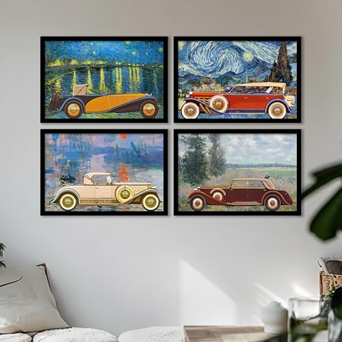 Image of Artistic Vintage Car Framed Wall Art Painting Set of 4 | Classic Automobile Artwork with Painterly Background for Living Room & Office Decor, 23x32 cm