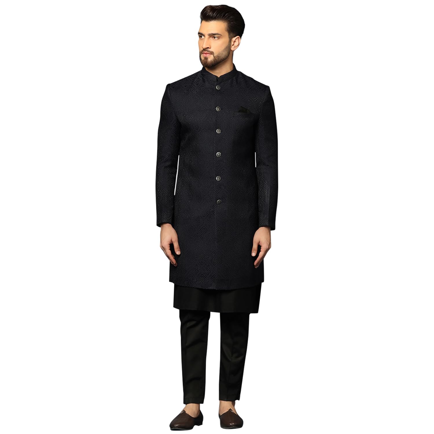 Sherwani Set for Men – Silk Blend Jacquard Textured Indo Western Sherwani with Kurta and Trouser | Designer Ethnic Outfit for Weddings & Festivals, Navy Blue/Black, 36-image-48