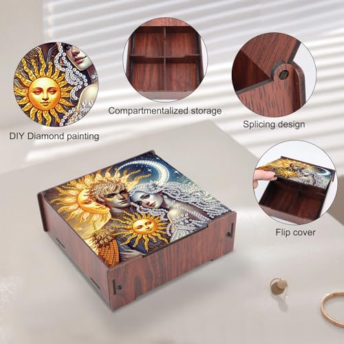 Image of DIY Diamond Art Storage Box, Sun & Moon Deity Design Wooden Diamond Painting Case with Flip-Top Lid and 4 Divided Compartments, Desktop Craft, Jewelry and Accessories Supplies Storage Container