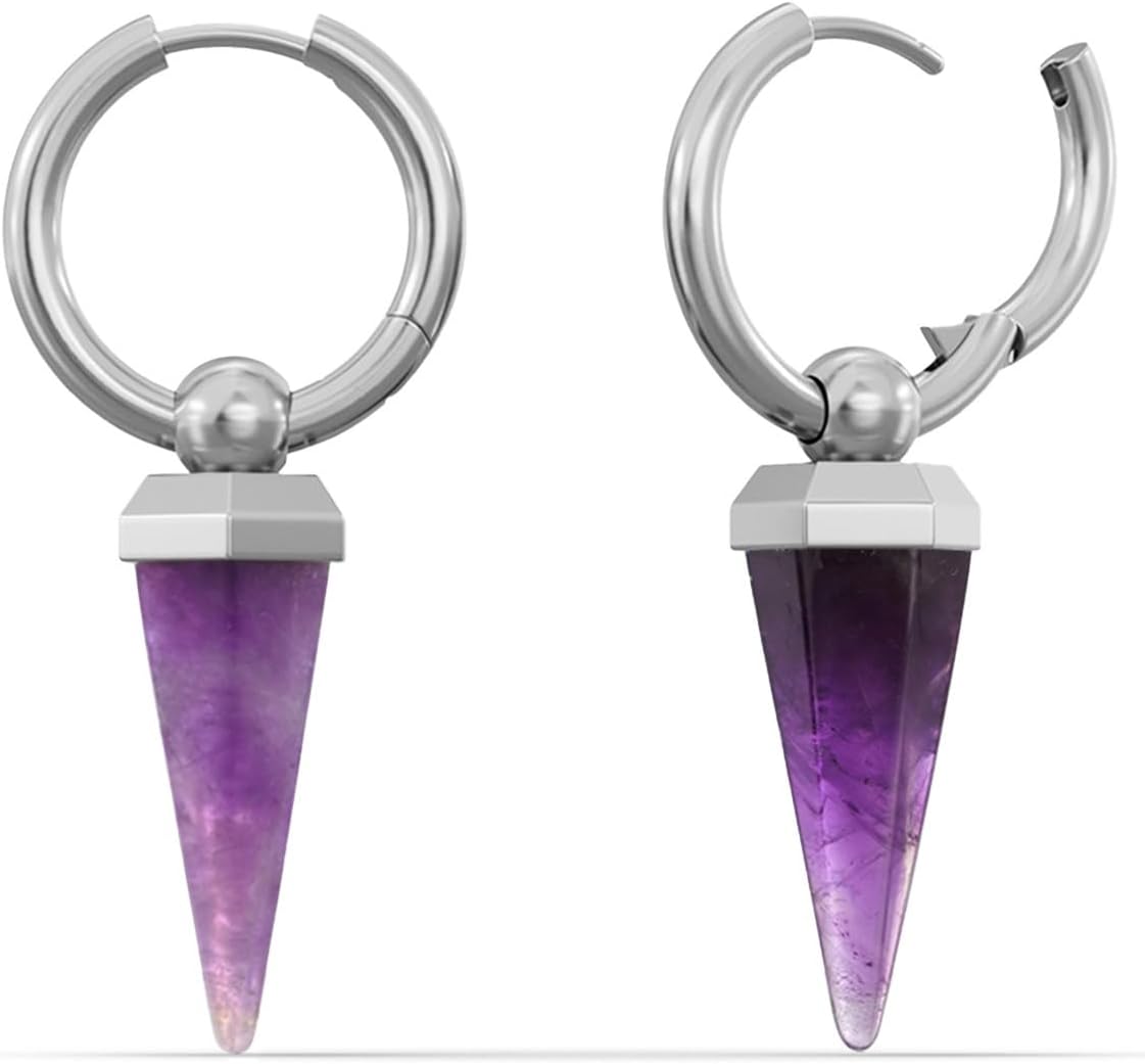 PUNKYOUTH Punk Goth Crystal Spike Hoop Earrings – 925 Silver Post 18G (1 mm) Statement Dangle Accessory, Opalite or Amethyst Stone Drop, Witchy Halloween Alternative Concert Gift for Women Men