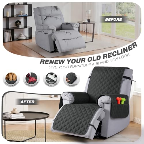 Image of TAOCOCO 100% Waterproof Recliner Covers, Recliner Sofa Covers with Leg Straps, Reversible Recliner Couch Cover for Reclining Chair, Washable Couch Protector for Pets Kids(1 Seater 28 inch, Charcoal Gray)
