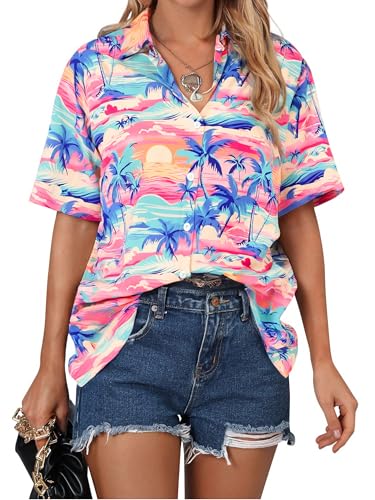 Image of ASTANFY Hawaiian Shirt Women Hawaii T-Shirt Tropical Floral Printed V Neck Shirts Soft Cool Summer Beach Button Up Blouse