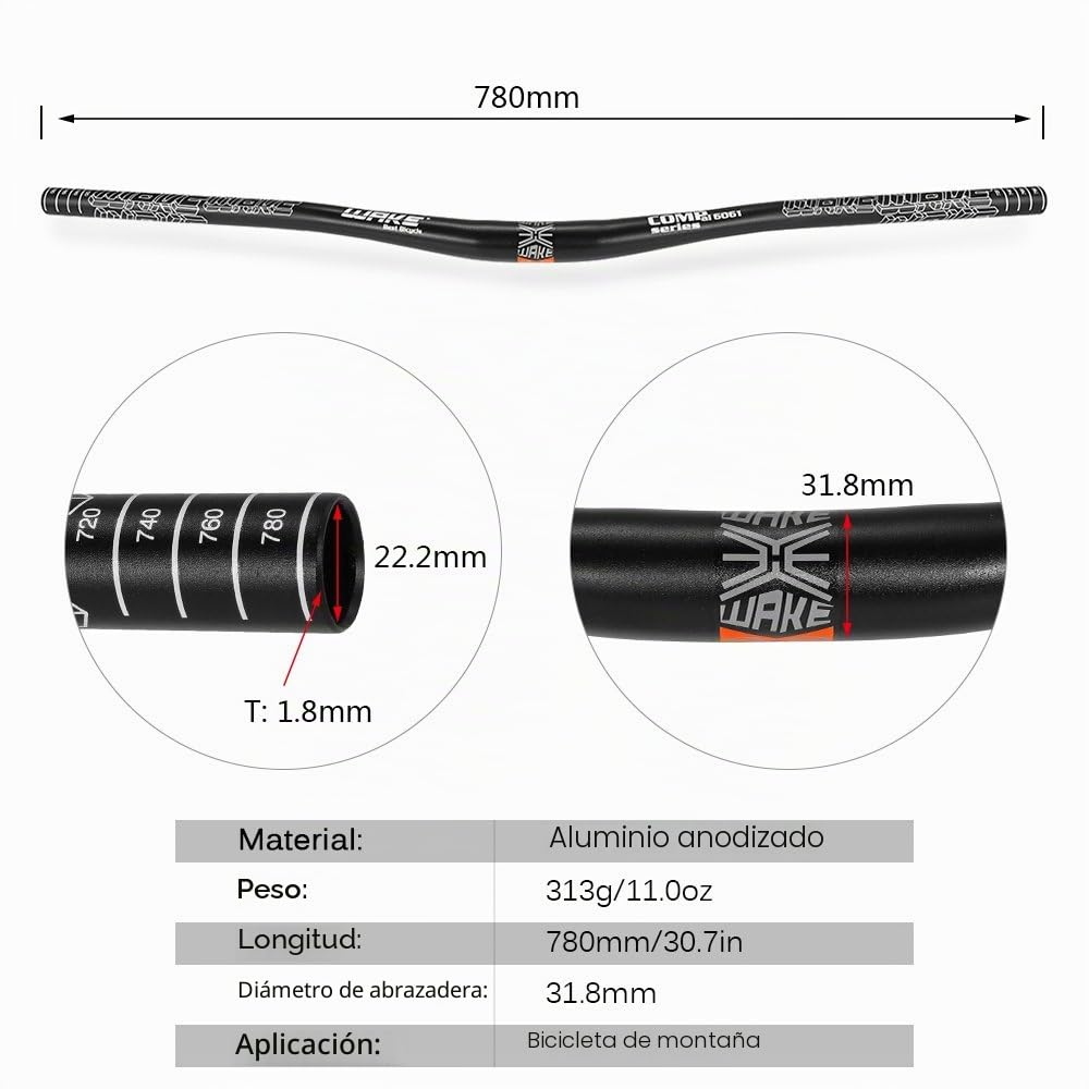 Lixada - Acople de Manillar MTB de 31,8 mm de aleación de Aluminio + Manillar Plano de 780 mm anodizado para Bicicleta de montaña, Nero(Set manubrio)