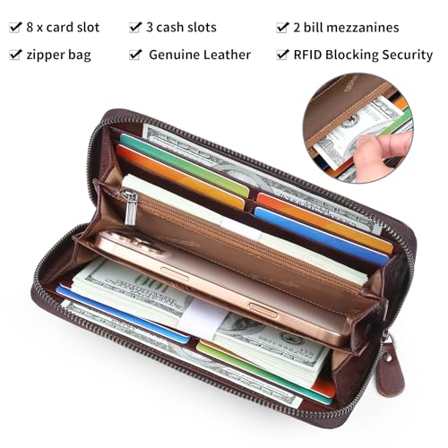 Men's Genuine Leather Zipper Wallet with RFID Blocking, Phone Pocket，Long Zipper Pouch Wallet, Large Clutch Cash Long Wallet with Zipper，Leather Wallets for Men for Checkbook, phone, Cash3