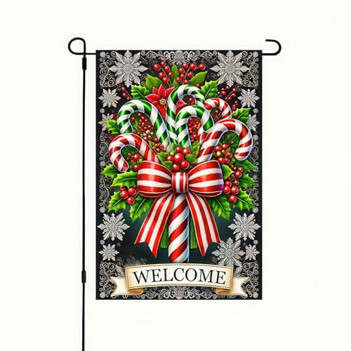 Image of BlissYard Christmas Candy Cane Garden Flag 12x18 Inch Polyester | Double sided polyester, Christmas candy cane holly plaid design, classic holiday decor for holiday porch and yard