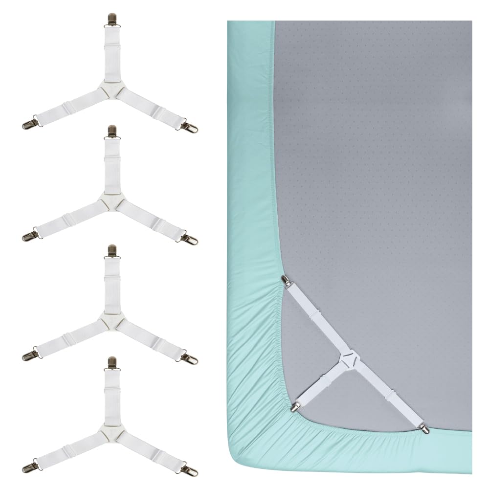 HOME GENIE Stay in Place Heavy Duty Adjustable Fitted Bed Sheet Straps, Easy Install, No Mattress Flipping, Wrinkle Free Bedding Sheets Fasteners, Universal Fit Bedroom Bedsheet Holder, 4 Pack White​