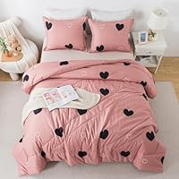 Caressma Love Pattern Girls Pink Comforter Set King Size, Cameo Brown Cute Love Heart Sexy Comforter Bedding Set for All Seasons, Soft Microfiber 3 Pieces Comforter Set with Pillowcases