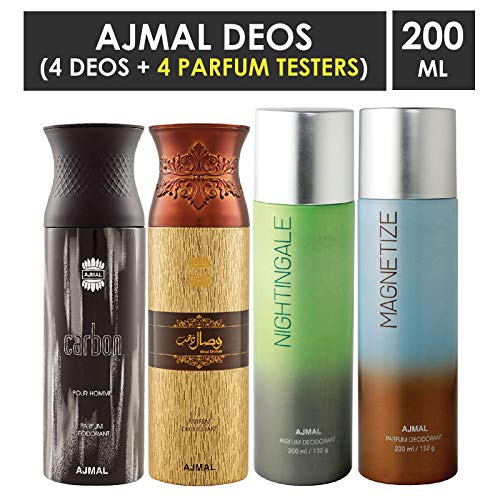 Image of Ajmal 1 Carbon Homme for Men, 1 Wisal Dhahab for Men, 1 Nightingale and 1 Magnetize for Men & Women Deodorants each 200ML Combo pack of 4 (Total 800ML) + 4 Parfum Testers