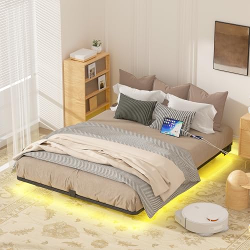Kaelidra Queen Size Floating Bed Frame with LED Lights Heavy Duty Metal Platform Floating Bed Frame with Charging Station No Box Spring Needed Easy Assembly Noise Free