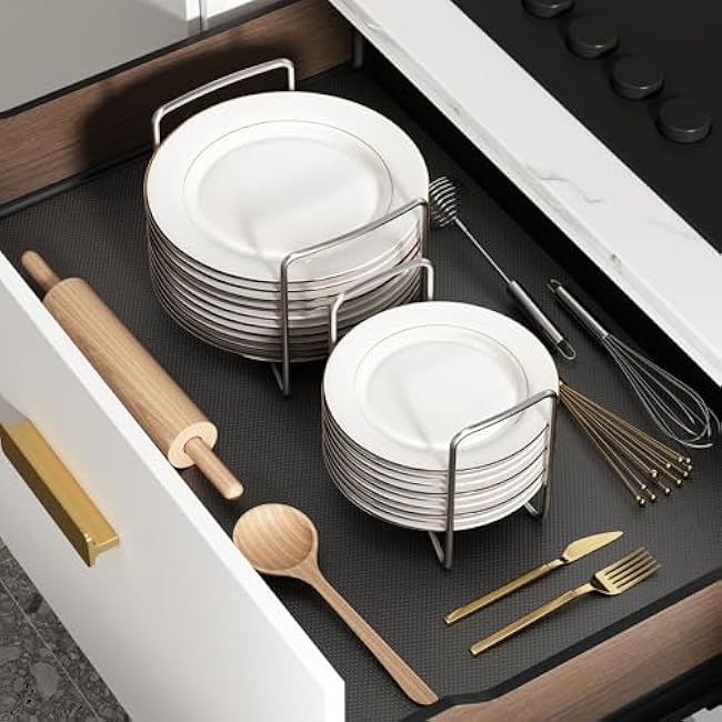 Plate Organizer for Kitchen Counter Bamboo Dish Racks for Cabinet Plate Holder for Kitchen Drawer Storage 2 Pack Adjustable for 6.75 to 12.5 Stainless Steel 304 Portable