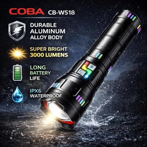 Image of COBA 518 High Power Rechargeable LED Torch, Ultra Bright Flashlight with 2KM Long Range, Zoomable Focus, Long Battery Backup, Waterproof Multipurpose Torch for Home, Outdoor, Travel