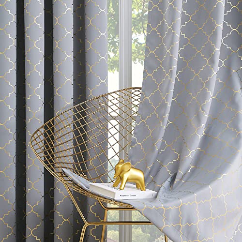 Enactex 100% Full Blackout Curtains Thermal Insulated Drapes 95 Inch Long for Bedroom, Grey Drapery with Gold Geometric Pattern Room Darkening Grommet Window Curtain for Living Room, 2 Panels