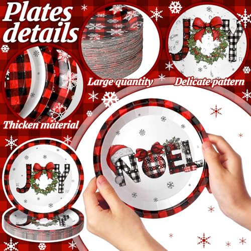 Image of Fourluoo 96 Pcs Christmas Paper Plates Disposable 7 Inch Black and Red Buffalo Plaid Dinner Plates for Xmas Birthday Party Table Decoration Supplies
