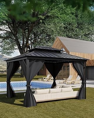 KYBOLT 12x14 Ft Hardtop Gazebos with Heavy Duty Double Roof, Nettings and Curtains Galvanized Steel Outdoor Gazebos for Patio, Backyard, Deck, Lawn (Grey)
