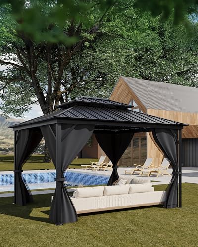 12x14 Ft Hardtop Gazebos with Heavy Duty Double Roof, Nettings and Curtains Galvanized Steel Outdoor Gazebos for Patio, Backyard, Deck, Lawn (Grey)